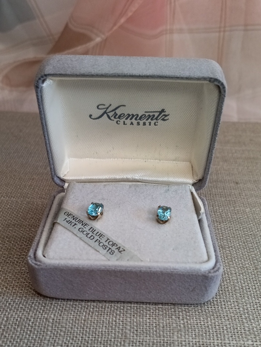 Krementz Classic Blue Topaz Stud Earrings Withe 14K Gold Posts